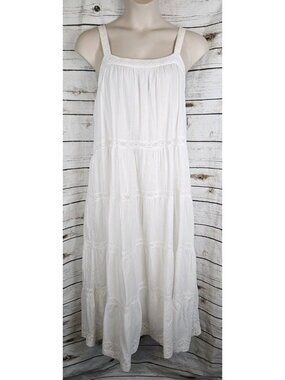 Lucky Brand White 100% Cotton Tiered Midi Dress XXL Crochet Trim Ruffle Beach
